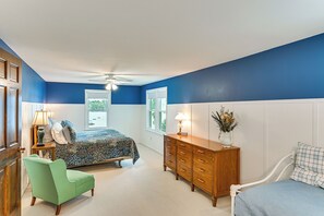 A bedroom with a bed, a dresser, a chair, and a window. - Private Dock & Stunning Views: Corey Lake Getaway! (Three Rivers)