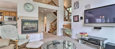 TV, fireplace, video game console