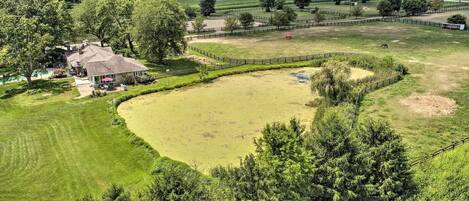 A large, fenced property with a house, a swimming pool, and a field.
