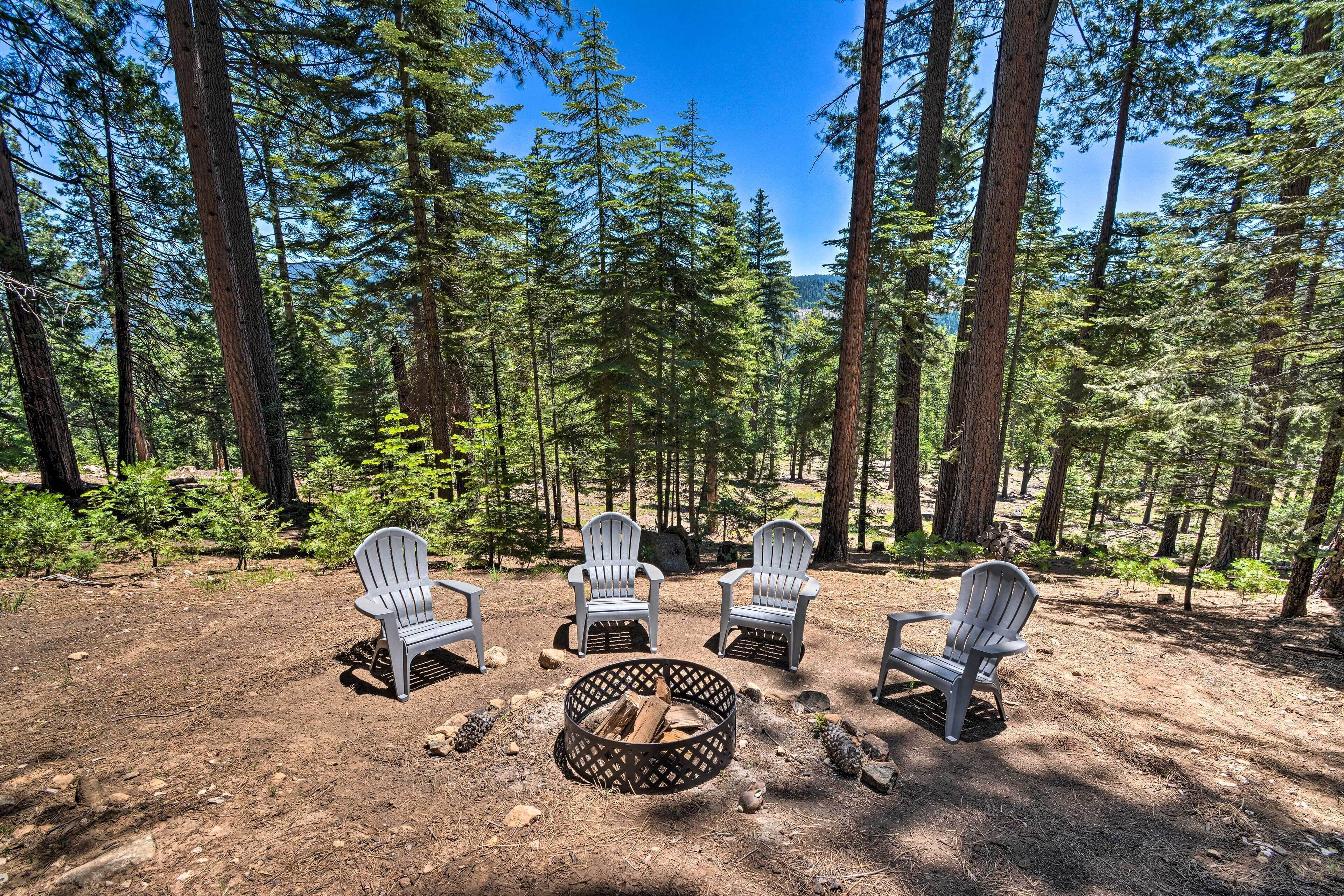 Un terrain de camping situé dans une forêt, avec quatre chaises Adirondack disposées autour d’un foyer central.