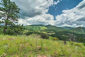 Paisagem montanhosa com um pinheiro em primeiro plano e colinas ondulantes ao fundo.