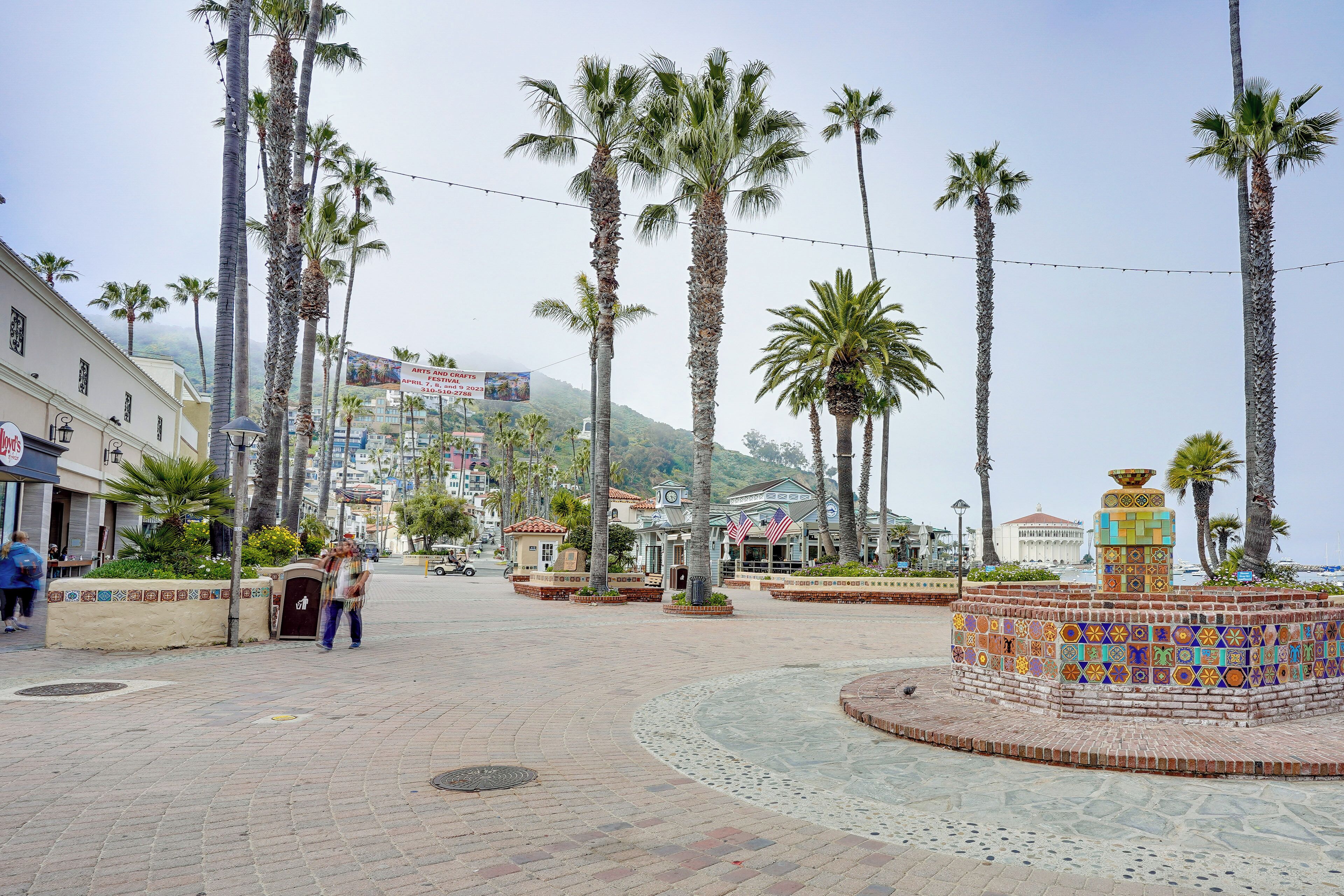 Una plaza pública con palmeras, una fuente y edificios al fondo.
