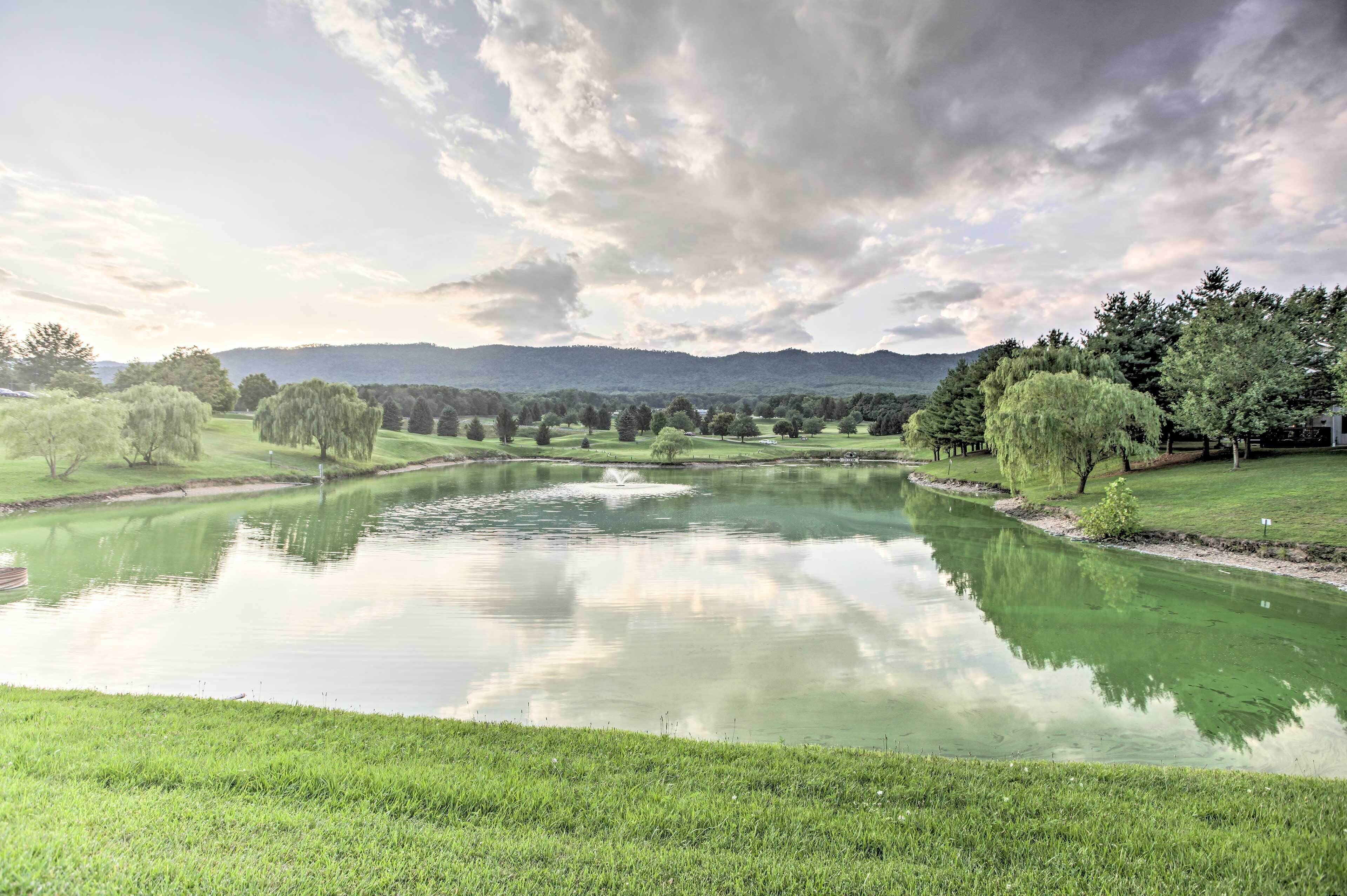 A serene landscape with a pond reflecting trees and a distant mountain range.