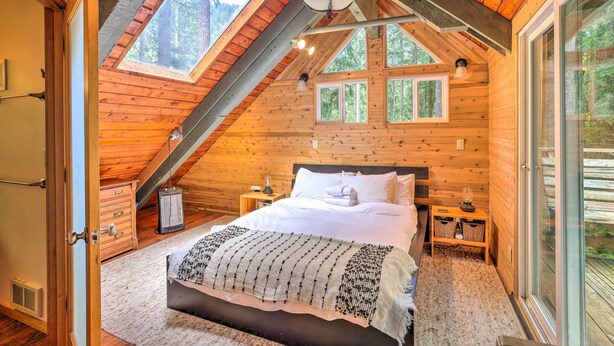 Ein Schlafzimmer in einer Holzhütte mit schrägem Dach, Oberlichter, einem großen Bett, Nachttischen und Blick auf den Wald.