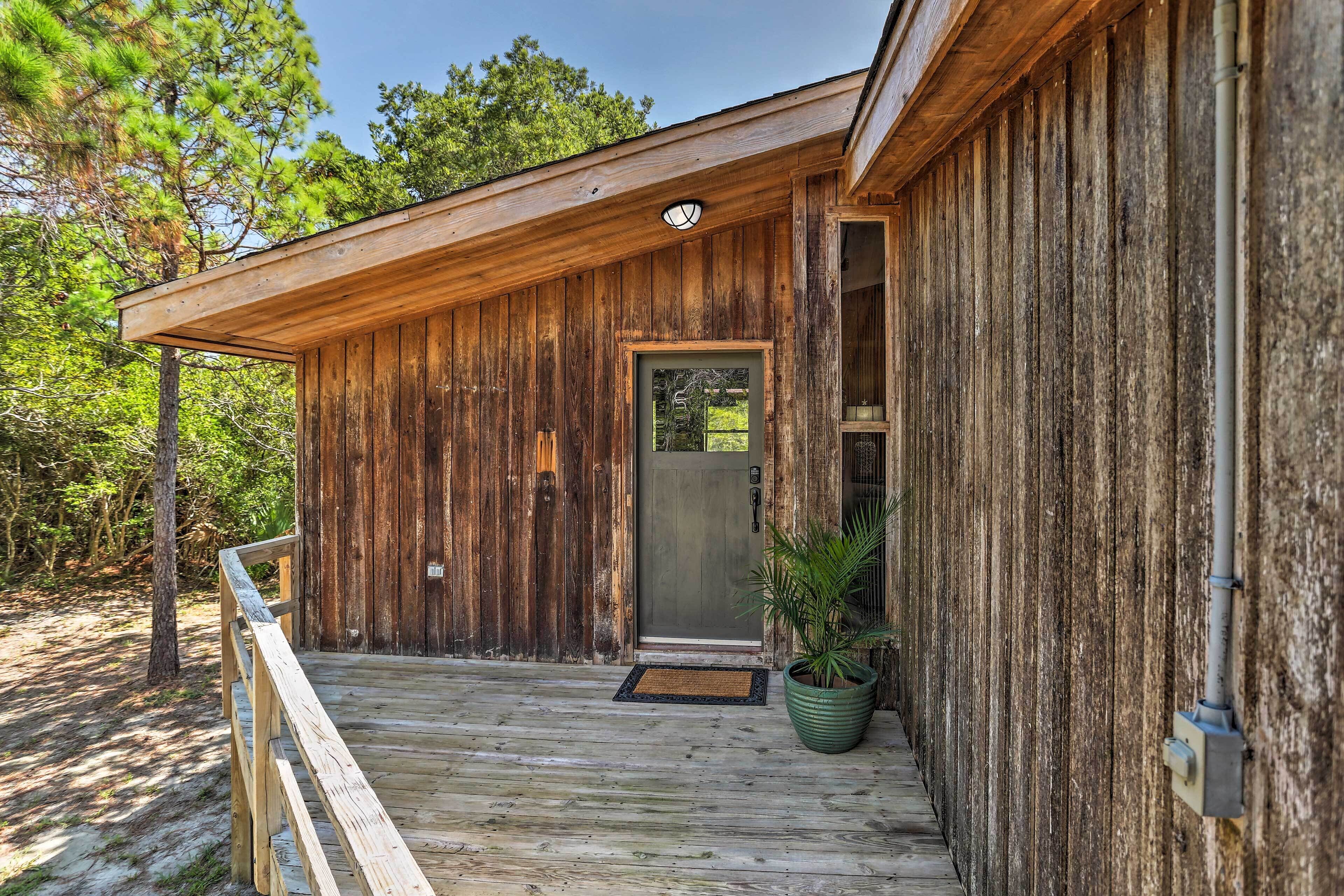 A wooden cabin with a porch, a door, and a potted plant.