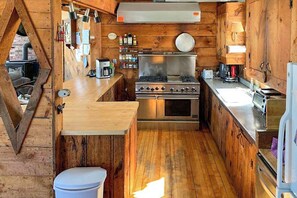 A compact kitchen with wooden walls, a gas stove, a sink, and a refrigerator. - East Burke Home on Kingdom Trails: Near Ski Resort (East Burke)