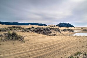 Un vaste paysage sablonneux, parsemé de dunes ondulantes et d’une végétation clairsemée.