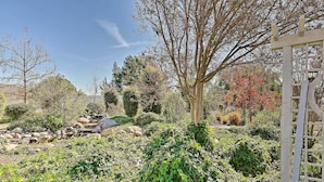 A garden with various plants and a white trellis structure. - Garden, Gazebo & Fire Pit: Fallbrook Home! (Fallbrook)