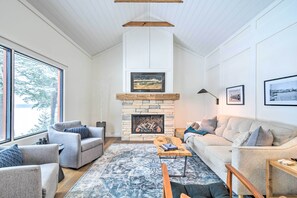 TV, fireplace, books