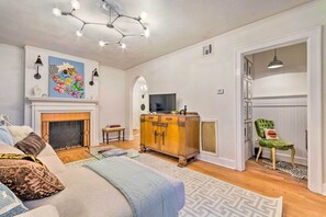 TV, fireplace - Charming Little Rock Condo: Walk to Downtown! (Little Rock)