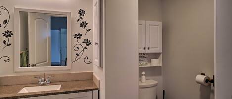 A bathroom with a sink, mirror, and toilet.