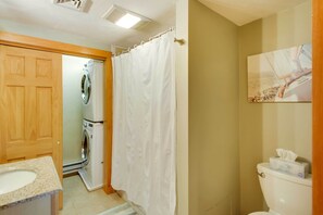 Une salle de bain avec une porte en bois, un lave-linge, un rideau de douche, des toilettes et un tableau accroché au mur.