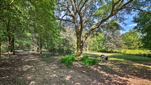 Un parc naturel avec un sentier de terre, des arbres et un espace pique-nique.