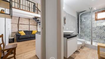 Shower, hair dryer, bidet, towels