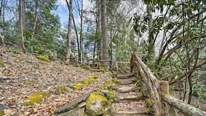 A forested trail with a wooden staircase and a wooden fence. - Beautiful Trillium Home Next to Waterfall! (Cashiers)
