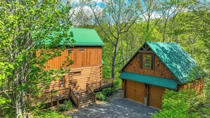 A cabin with a green roof and wooden exterior, surrounded by lush greenery and trees.