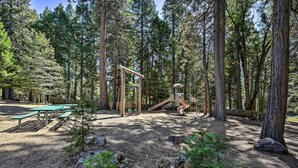 A forested park with picnic tables and a playground.