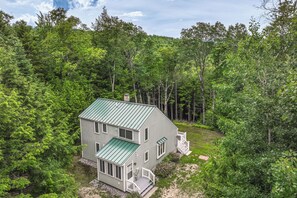 A two-story house with a green roof, surrounded by dense forest.
