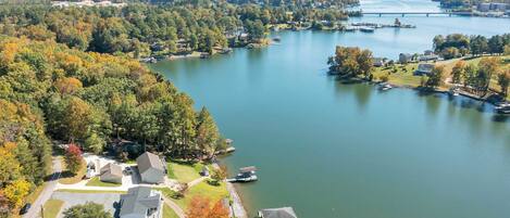 A residential area with houses near a lake, a bridge, and a forested landscape.