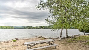 A lakeside picnic area with a wooden bench and a tree. - Newfound Lake Studio: Bbq, Fire Pit & Beach Access (Bristol)
