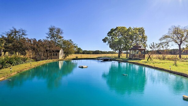 A clear blue pool with a gazebo and trees in the background. - Pottsboro Home on 2 Acres w/ Hot Tub, Near Marina! (Pottsboro)