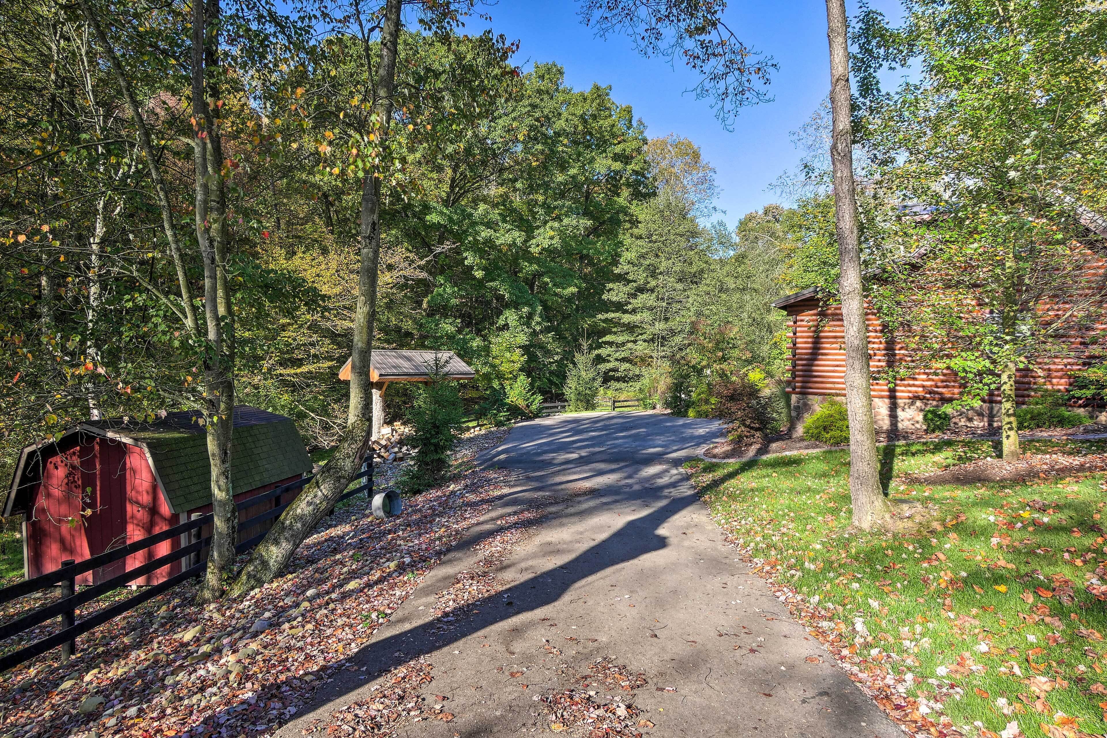 A rural road flanked by trees and a red barn.