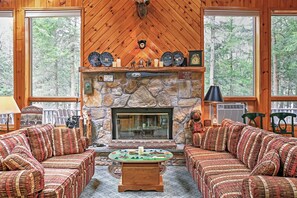 Una televisión, una chimenea, libros