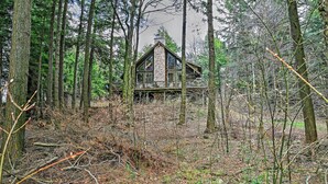 A cabin in a forest with a stone chimney, surrounded by tall trees. - Stamford Lakefront Home w/ Dock & Wraparound Deck! (Stamford)