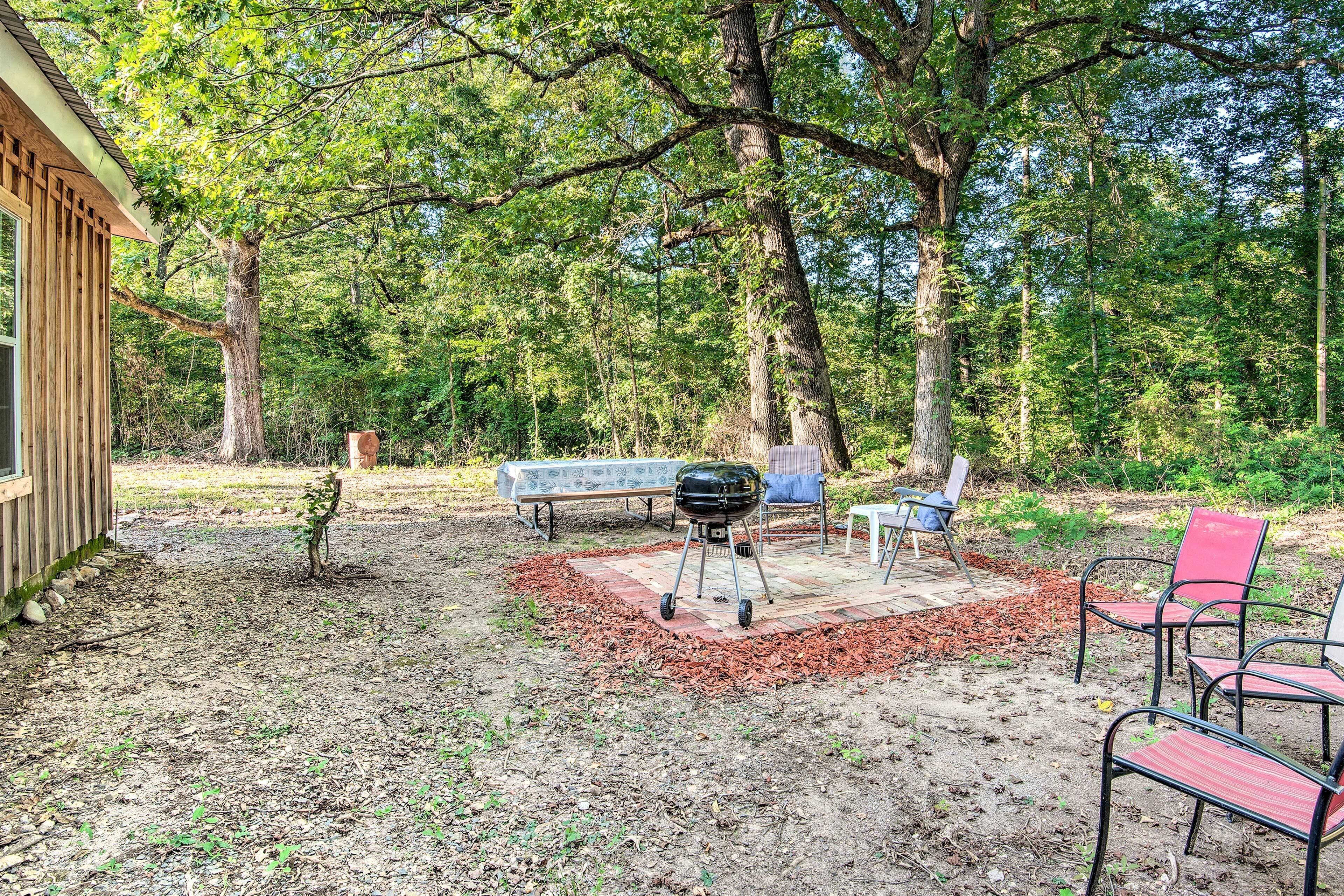 Een achtertuin met een barbecue, een bank en een kleine boom.