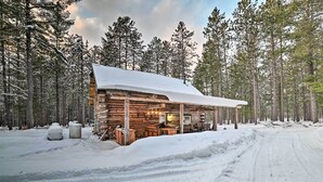 Een blokhut met een overdekte veranda, omgeven door een besneeuwd bos.