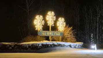 Un panneau indiquant le « Ski Bowl Park », agrémenté de décorations lumineuses en forme d’arbres.