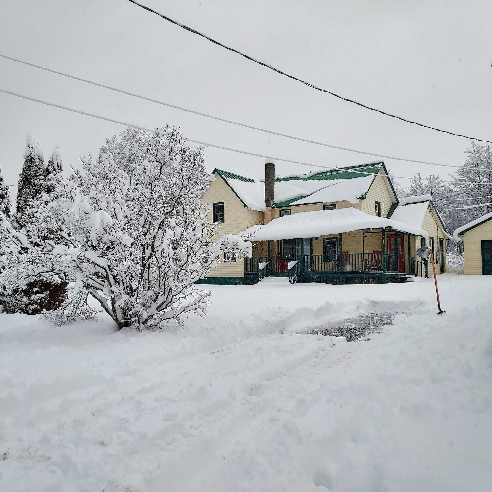 A two-story house with a green roof, surrounded by snow-covered trees and a snow-covered lawn.
