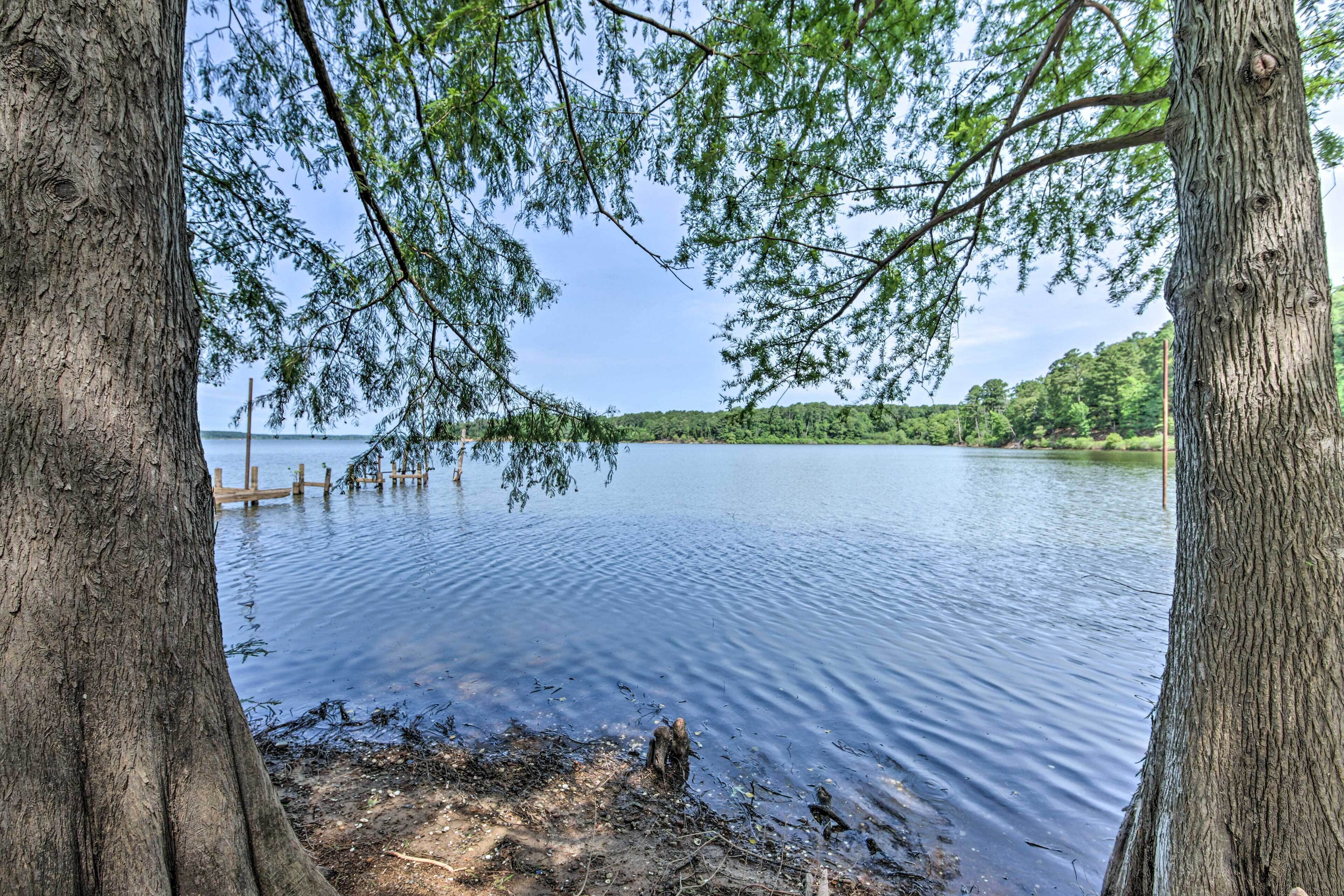 A calm lake with trees framing the view, a dock extending into the water, and a forested shoreline in the background.