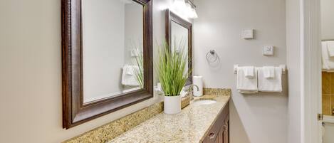 A bathroom with a granite countertop, a large mirror, and a potted plant.