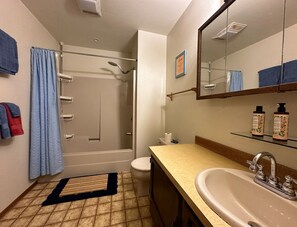 Un baño con ducha, inodoro, lavamanos y espejo.