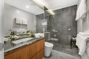 Hair dryer, towels, soap, shampoo