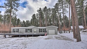 En stuga med en inglasad veranda, omgiven av höga tallar och ett snötäckt landskap.