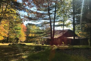 A rustic cabin surrounded by autumn foliage, with a small shed nearby. - Catskills Cabin Near Ashokan Reservoir (Olivebridge)