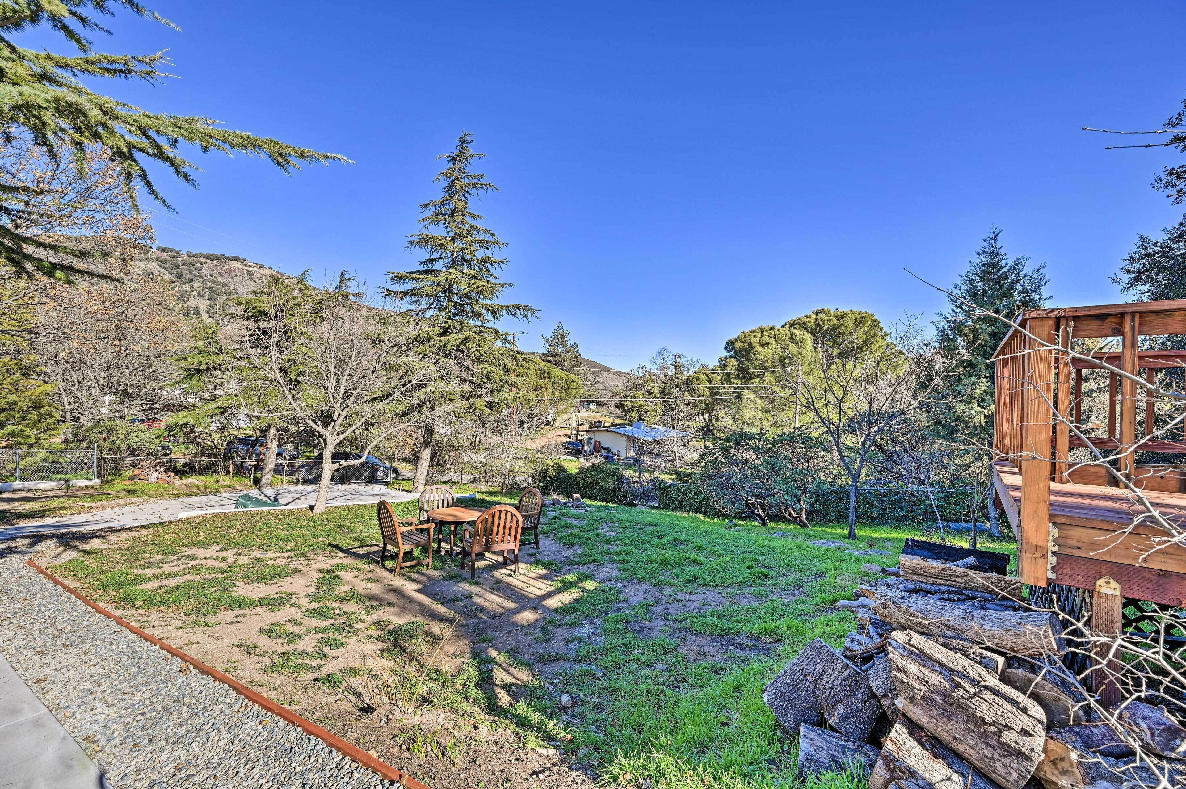 A backyard with a wooden deck, a dining table with chairs, and a small building in the background.