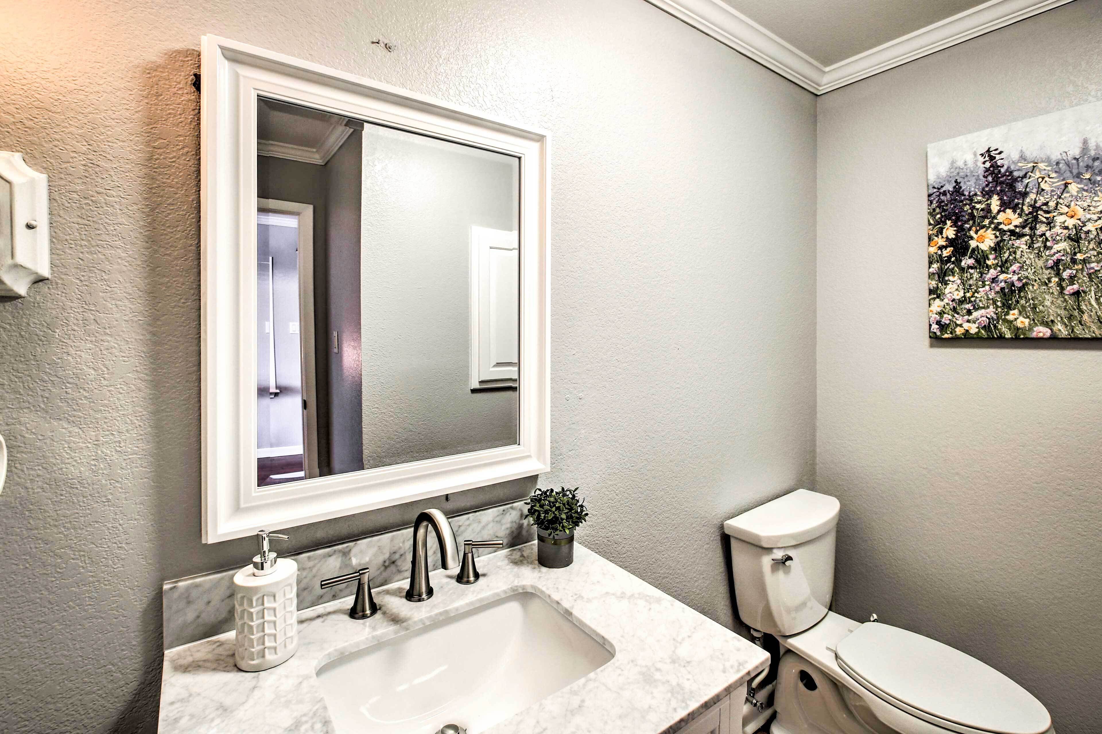 A bathroom with a white sink, a mirror, a toilet, and a small potted plant.