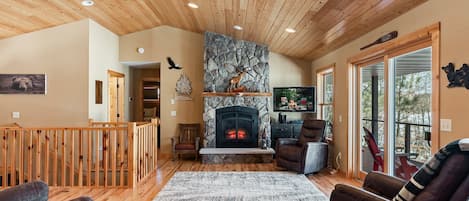 Smart TV, fireplace, books, stereo