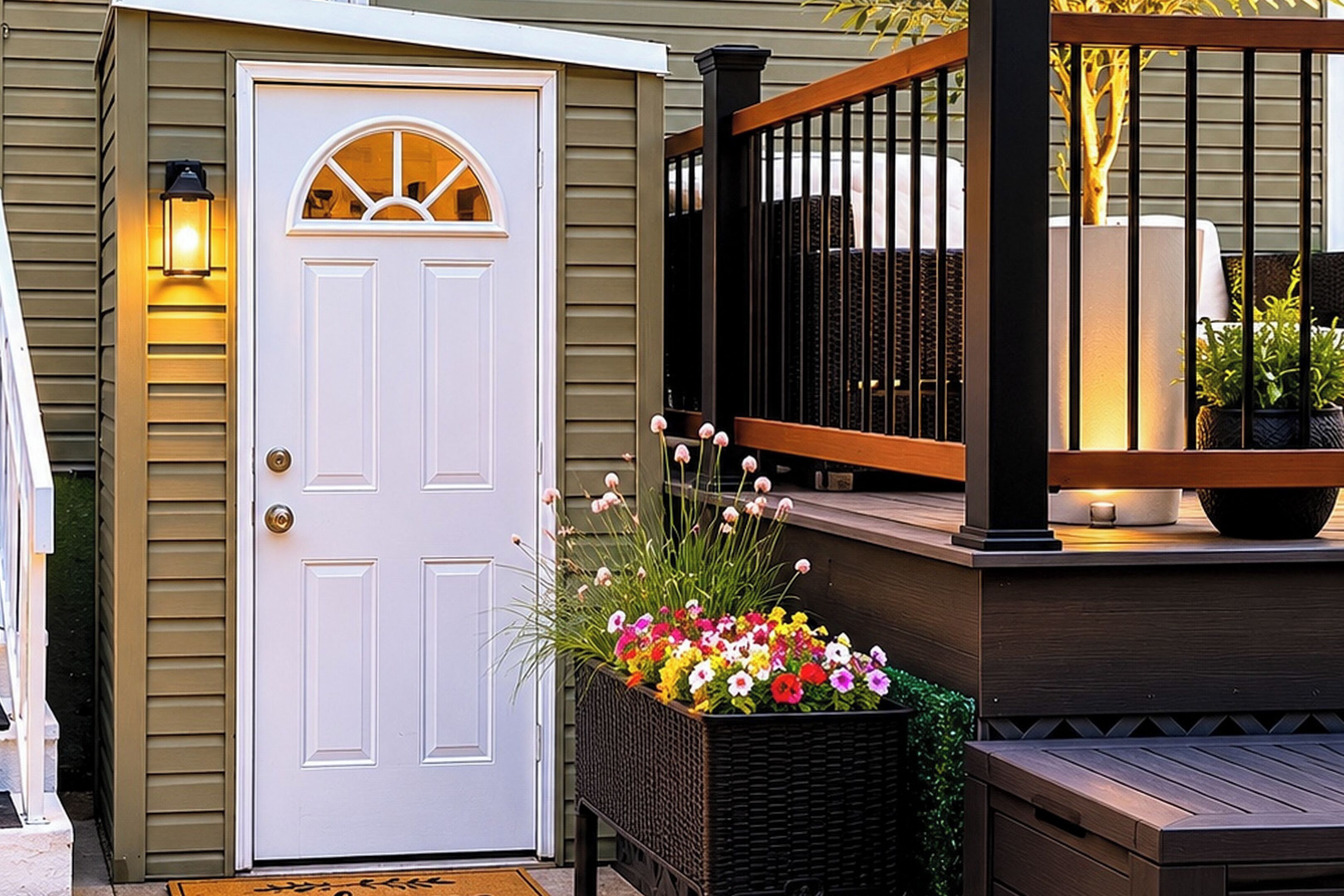A white door with a glass panel, a black metal railing, and a planter with flowers.