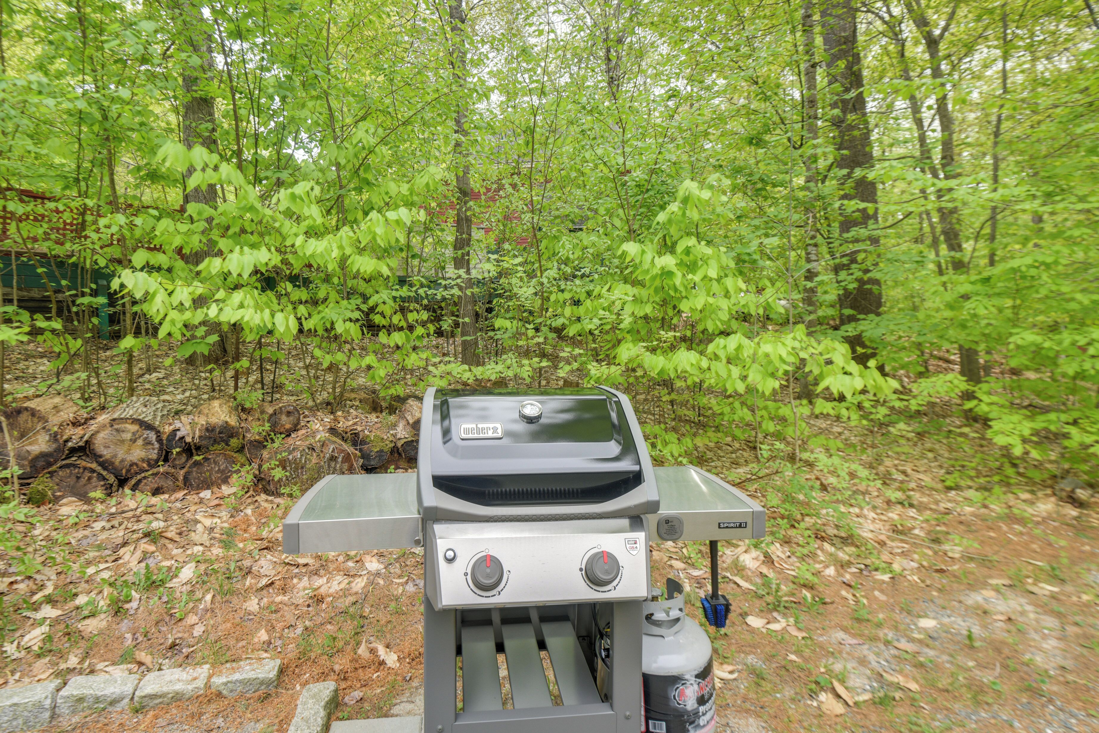A portable grill in a forested area with a stone pathway and green foliage in the background.