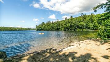 A lakeside view with a sandy beach, a dock, and dense forest.
