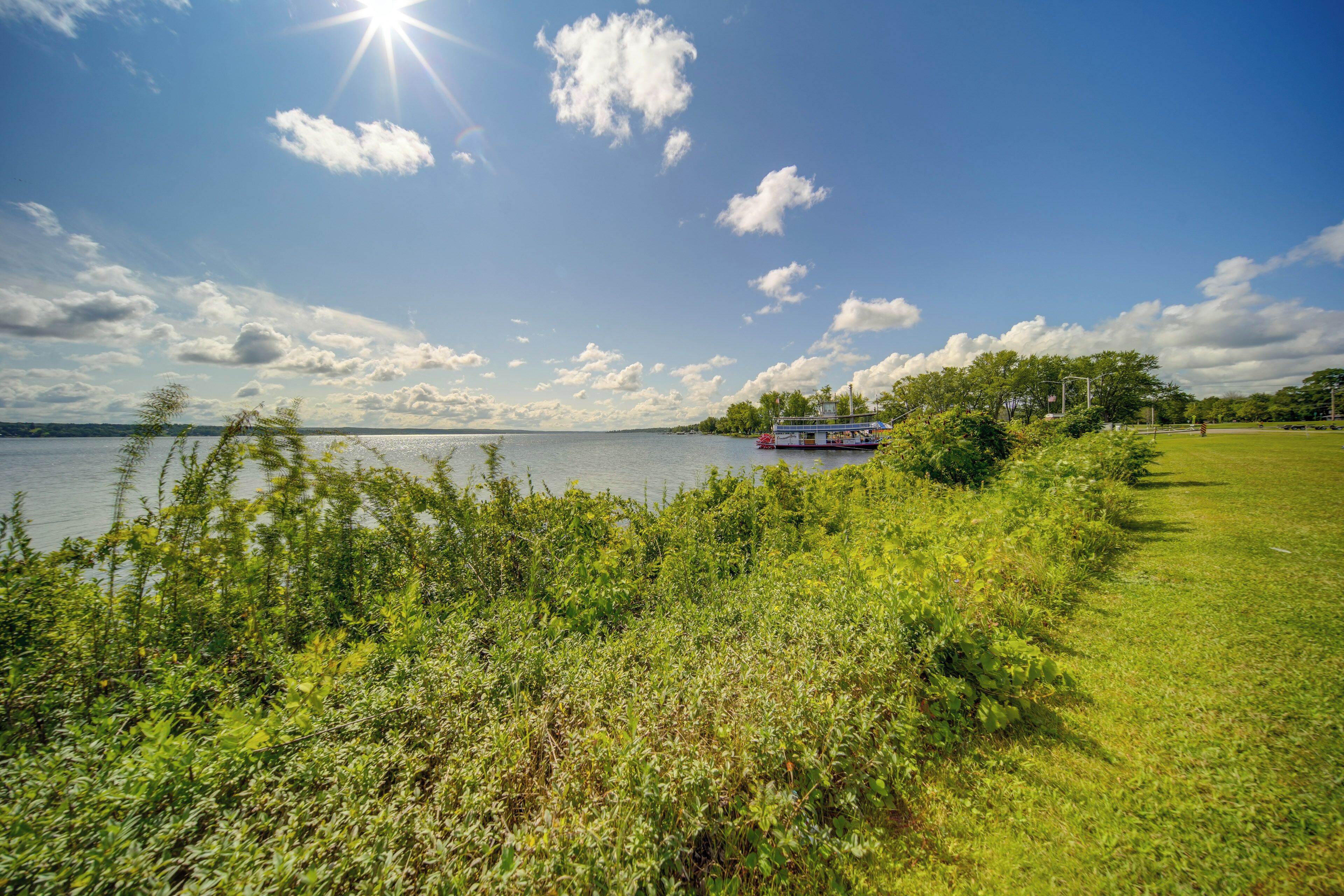 A grassy area with a body of water and a boat in the distance.