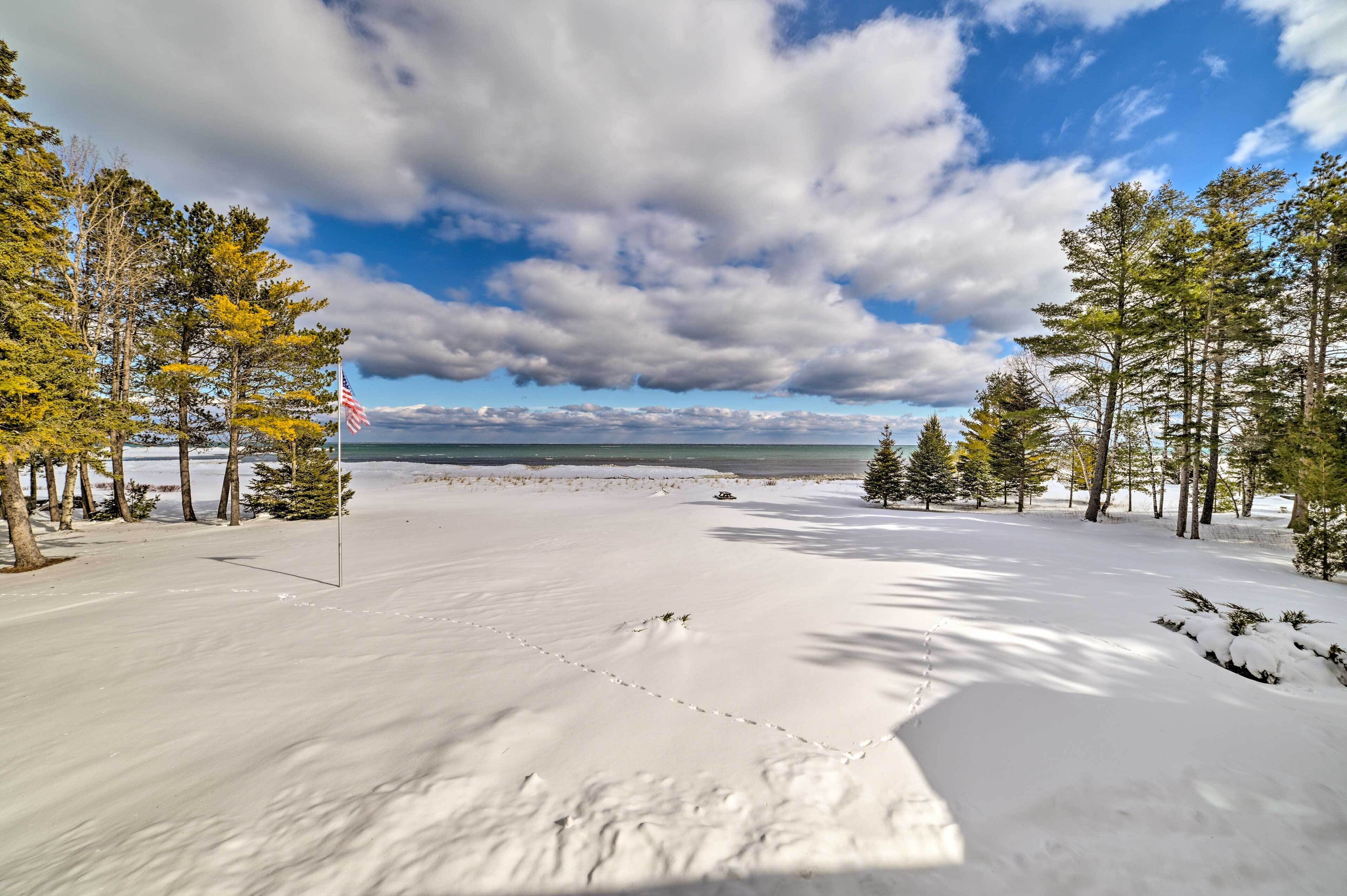 A snowy landscape with a flag, trees, and a clear sky.