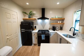 A compact kitchen with a black Galanz refrigerator, a stove, and a sink. There are wooden shelves above the stove and a potted plant on the left.