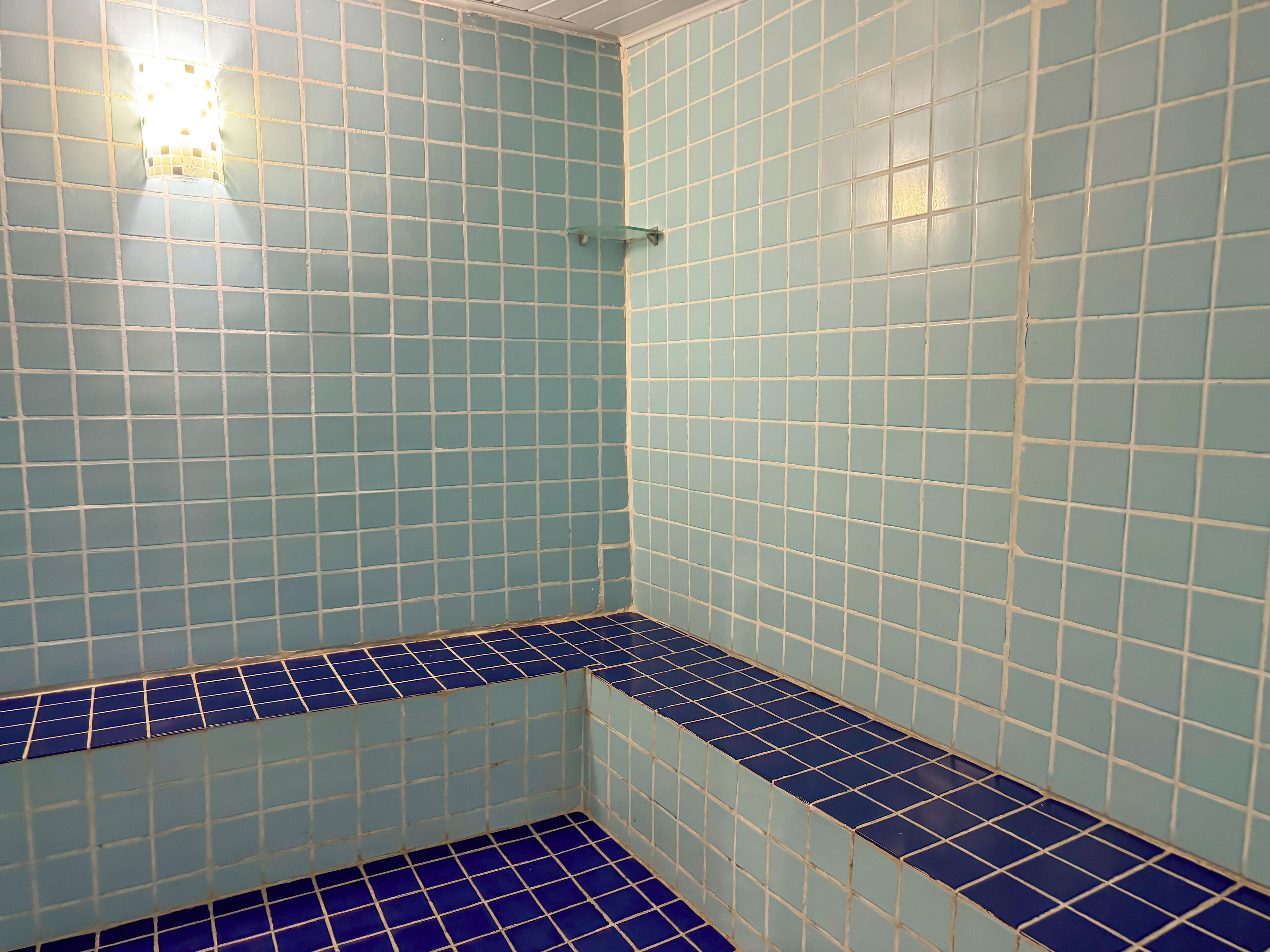 A bathroom with light blue tiled walls and floor, a corner shower, and a visible light fixture.