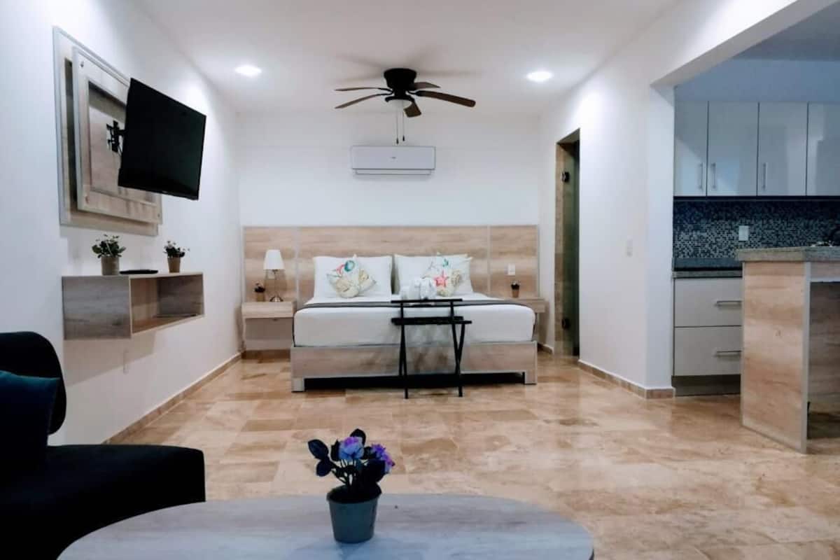 Una habitación de hotel moderna con una cama, mesitas de noche, un televisor, un ventilador de techo y una pequeña mesa con flores.