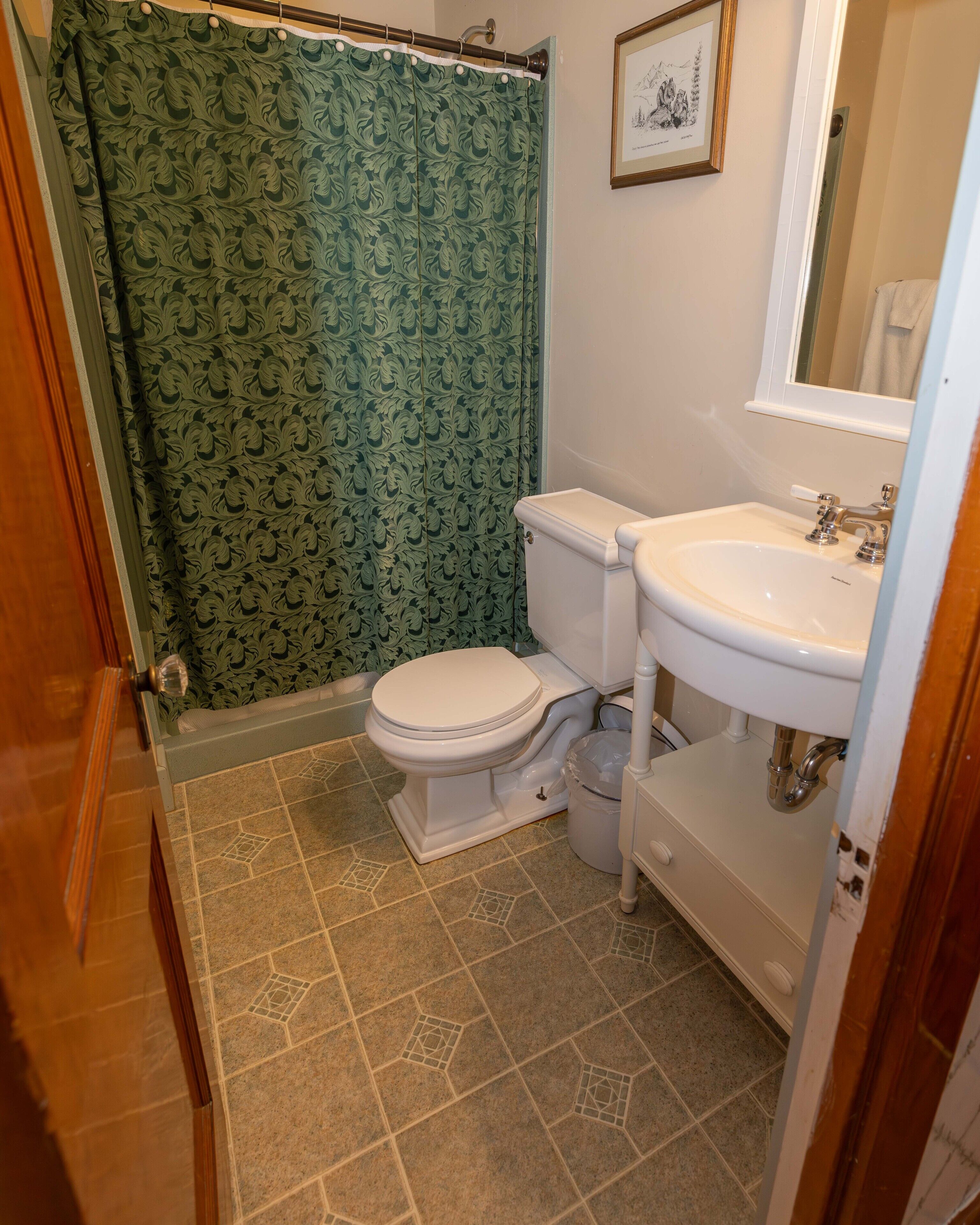 A bathroom with a toilet, sink, and shower curtain.